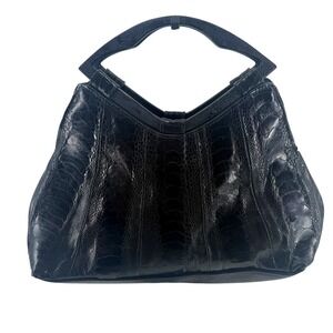 Vintage R&Y Augousti Long Jet Black Ostrich Leg Stingray Skin Handbag Tote Bag